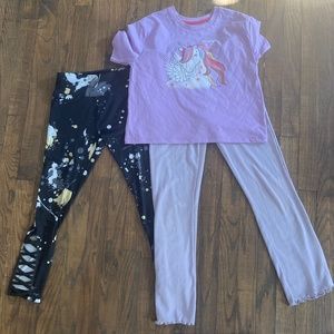 Girls Bundle Leggings Flare Pants Unicorn Top Purple Black 10